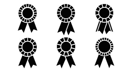 Set of Six Black Ribbons, Award Medals, Achievement Icons, Recognition Badges
