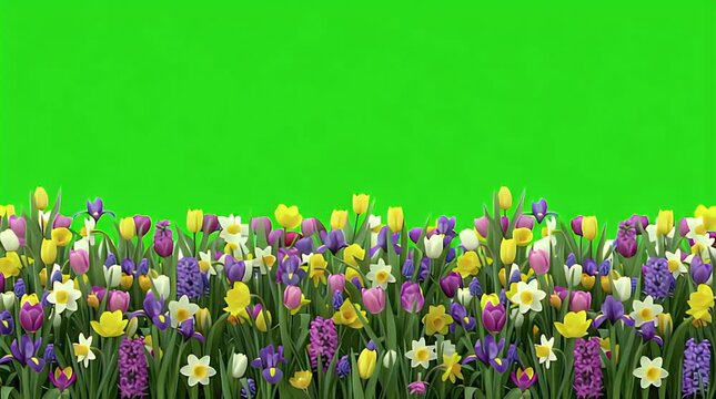 Vibrant field of assorted spring flowers including tulips and daffodils stands ready for chroma key compositing against a solid green screen background.