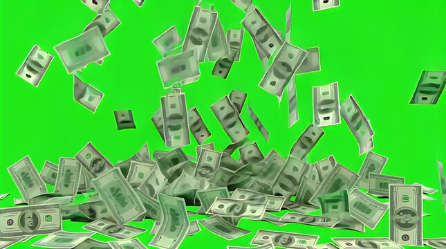 Many hundred dollar bills are gracefully falling onto a pile, symbolizing unexpected financial abundance, economic prosperity, and the potential for immense personal wealth on a vibrant green screen