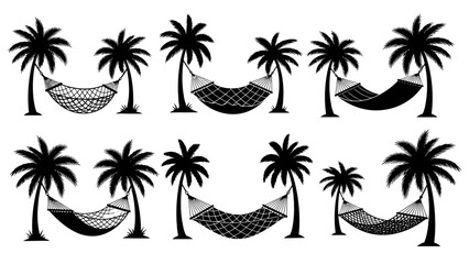 Obraz premium Tropical Beach Hammocks Palm Trees Silhouette Vector Illustration
