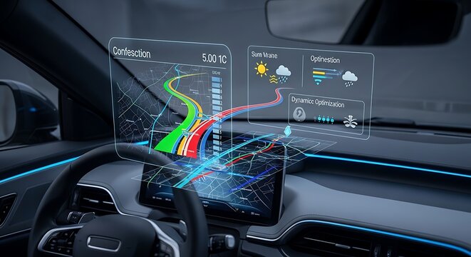 Futuristic car interior featuring digital dashboards with navigation and dynamic weather updates