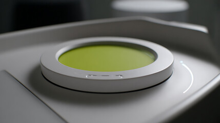 Modern Circular Device with Green Screen Display on Minimalist White Background, Highlighting Precision Technology and Interactive Interface
