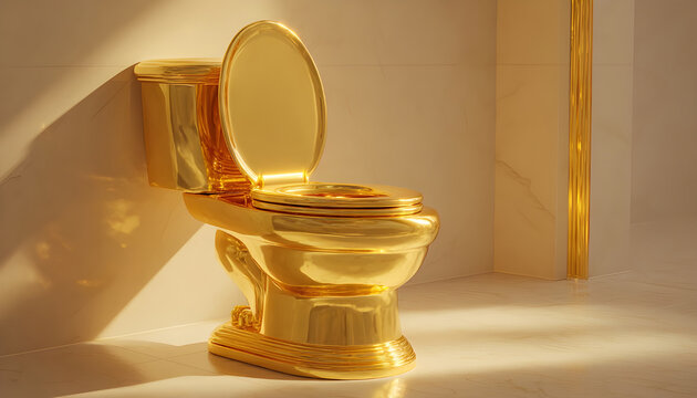 Golden toilet seat and bowl gleam under bright light. This luxury bathroom fixture signifies extreme wealth and opulence. Clean, modern design elevates any lavish interior space