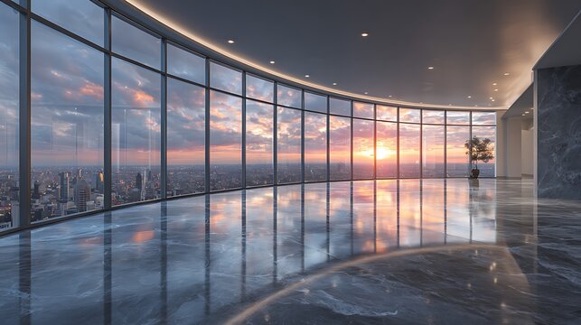 A modern high-rise building with a stunning city view at sunset through large glass windows