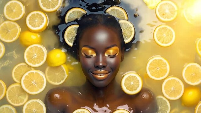 African woman relaxing in citrus bath with lemon slices. Top view of smiling female with golden makeup submerged in water.