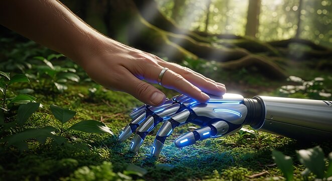 Human hand touching a bionic arm amidst vibrant forest foliage, symbolizing connection