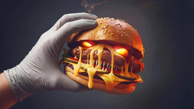 Gloved hand holding monster burger with glowing eyes and sharp teeth. Surreal fast food horror creature against dark background. Close-up static shot.