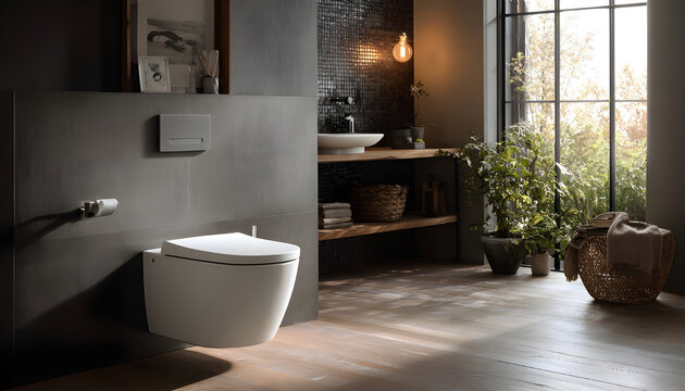 Modern WallHung Toilet with Bathroom.
