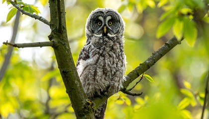 Fototapeta premium Young owl perched on tree branch.