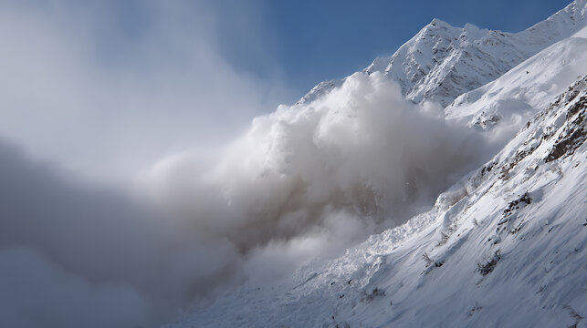 Massive snow avalanche cascade down a majestic, rugged mountain slope, creating a dramatic and powerful display of nature's force in a cold climate
