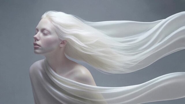 Serene albino woman with flowing white hair and silk fabric. Lockdown shot.