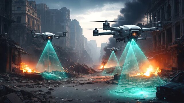 Surveillance drones scanning ruined city street after disaster. Autonomous quadcopters using laser grids to search for survivors in war zone. Lockdown shot.