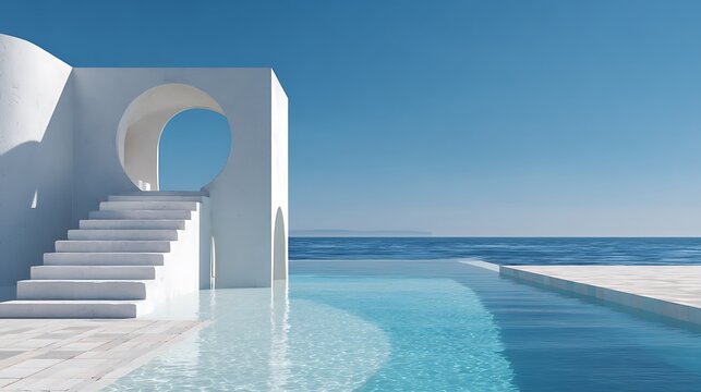 A serene infinity pool overlooking the ocean with a modern white staircase and archway