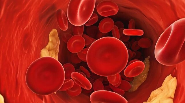 Red blood cells flowing through artery with cholesterol plaque buildup. Medical visualization of atherosclerosis and blood circulation.