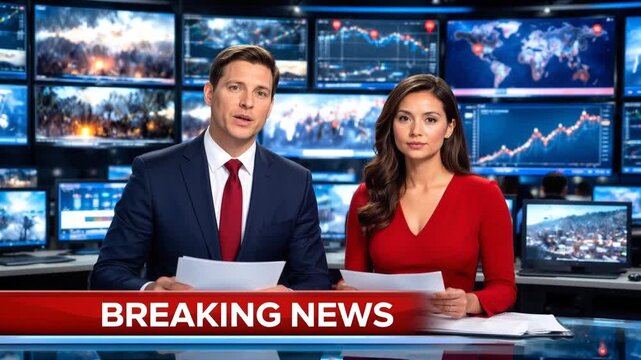 News anchors presenting live broadcast in modern television studio. Professional journalists reporting breaking news with digital data screens. Lockdown shot.