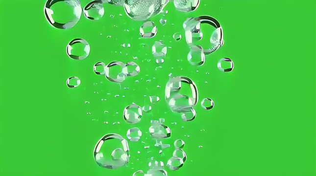 Numerous clear gas bubbles of various sizes actively rise through a liquid, creating an effervescent visual effect against a vibrant, solid green background for versatile use.