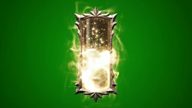 Magical glowing fantasy ornate frame filling with bright golden energy particles and wisps of light on green screen background in a slow charging animation