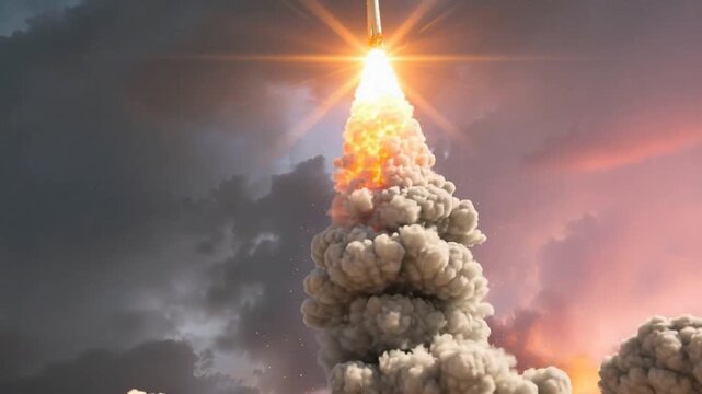 Ballistic missile launching from mobile truck in desert. Military rocket ignition with fire and smoke at sunset. Lockdown wide shot.