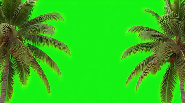 Lush tropical palm trees with mature coconuts framing a vibrant chroma key green screen background, perfect for compositing in various digital projects.
