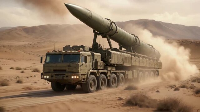 Intercontinental ballistic missile transport vehicle driving through desert. Heavy military truck moving across sandy terrain with dust clouds. Panning shot.