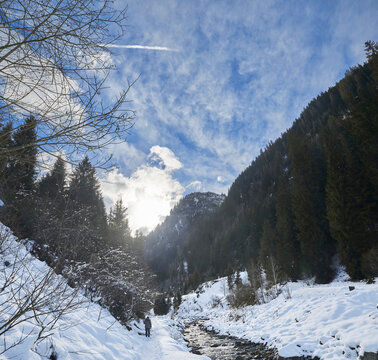 Beautiful winter hike in the Hollersbach Valley, in the Salzburg region near Bramberg, Austria.