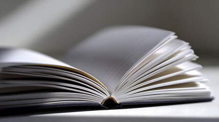 Fototapeta premium Open Book with Blank Pages on a White Surface, Soft Light and Shadow Create a Serene Atmosphere for Study, Reading, or Journaling