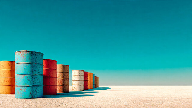 Bidons en m&eacute;tal de couleur align&eacute;s dans le d&eacute;sert