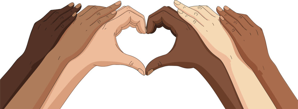 Diverse multiethnic hands forming a heart shape vector illustration representing unity, love, and racial equality isolated on white background, perfect for community posters, social justice themes, an