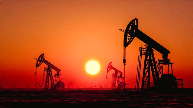 Silhouettes des puits de p&eacute;trole dans le d&eacute;sert au coucher du soleil