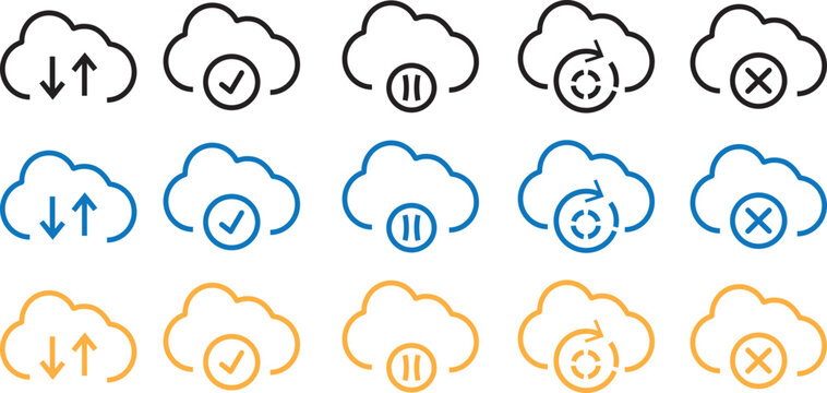 Minimal cloud computing line icons set, professional upload and download symbols, editable stroke vector illustration, minimalist technology design elements with editable stroke.
