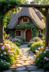 Fototapeta premium Charming Cottage Stone Path With Thatched Roof Blossom Garden Scenic Setting Nature Embrace