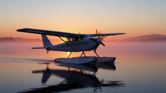 Seaplane on tranquil water at sunrise/sunset with colorful sky, mist, and mountains