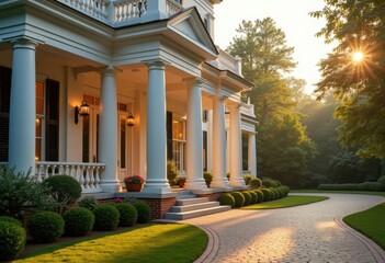 Fototapeta premium Colonial Mansion Exuding Grandeur with Majestic White Pillars, Inviting Driveway, and Timeless Curb Appeal