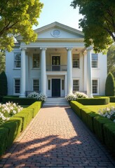 Naklejka premium Colonial Mansion Pillared Porch Driveway Classic Charm Serenity White Detail