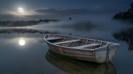 Obraz premium Old wooden rowboat reflecting full moon on a tranquil misty lake at night
