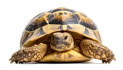 Obraz premium A tortoise with a patterned shell rests on a white background, looking forward with textured skin