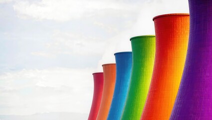 Fototapeta premium Colorful chimneys of a district heating plant (CHP), symbolizing urban renewal and social diversity. Creative art on industrial architecture.