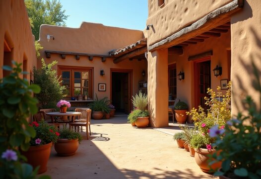 Quaint Pueblo Adobe Courtyard Elegance with Exposed Wooden Vigas and Timeless Charm
