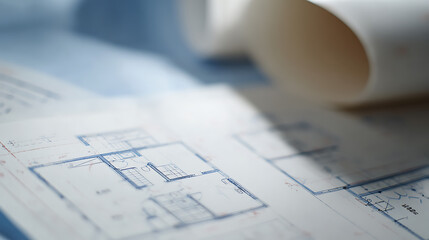 Architectural Blueprint Documents and Rolled Plans Displayed on a Table, Depicting Building Design and Construction Project Development