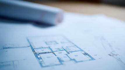 Architectural Blueprint for New Home Development or Renovation Project, with Technical Drawings on Table. Construction Plan Concept