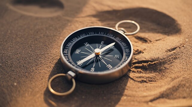 Silver metallic modern compass navigation instrument resting on sunlit textured desert sand