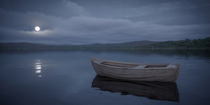 Simple wooden boat rests on a peaceful lake surface under a glowing full moon