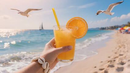 Fototapeta premium A woman's hand holding a glass of fresh orange juice on a beautiful sunny beach with the sea in the background. Relaxing summer vacation, healthy lifestyle, tropical travel concept.