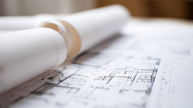 Architectural Blueprint Detail: Rolled Plans and Design Documents lay on Desktop Representing Construction and Development Projects