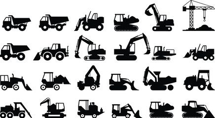 Construction vehicle silhouettes, heavy equipment icon set, bulldozer excavator dump truck, flat vector illustration, industrial transport graphic, earth-moving design © MDSABBIR