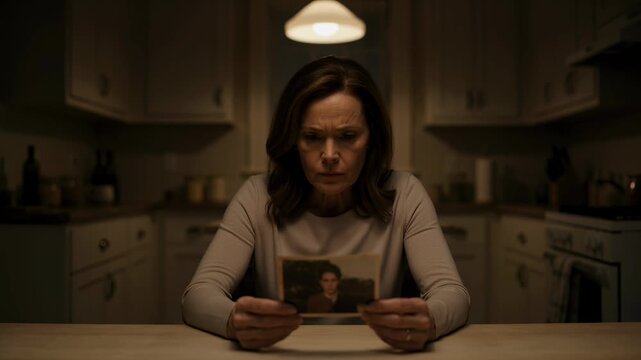 Emotional middle-aged woman sitting at a kitchen table at night, looking at a vintage picture with a transitioning expression from a faint nostalgic smile to deep sadness and grief.