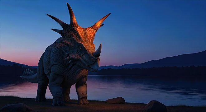 An Einiosaurus is grazing near a body of water. The time is dusk or blue hour. Mountains are visible in the background. The light hits the frill of the Dinosaur