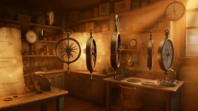 Enchanted steampunk workshop filled with floating antique clocks and glowing blueprints of celestial mechanics under warm golden light, creating a mysterious atmosphere of time travel.