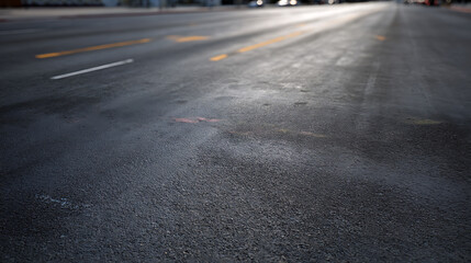 Obraz premium Textured street asphalt surface with fading road markings and distant blurred vehicle lights, showcasing urban pathway and subtle reflections at dusk