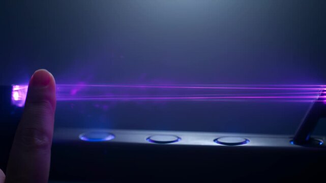 Close-up of a human finger interacting with a glowing beam of light that shifts from blue to vibrant purple, symbolizing advanced touch interface technology and futuristic energy.
